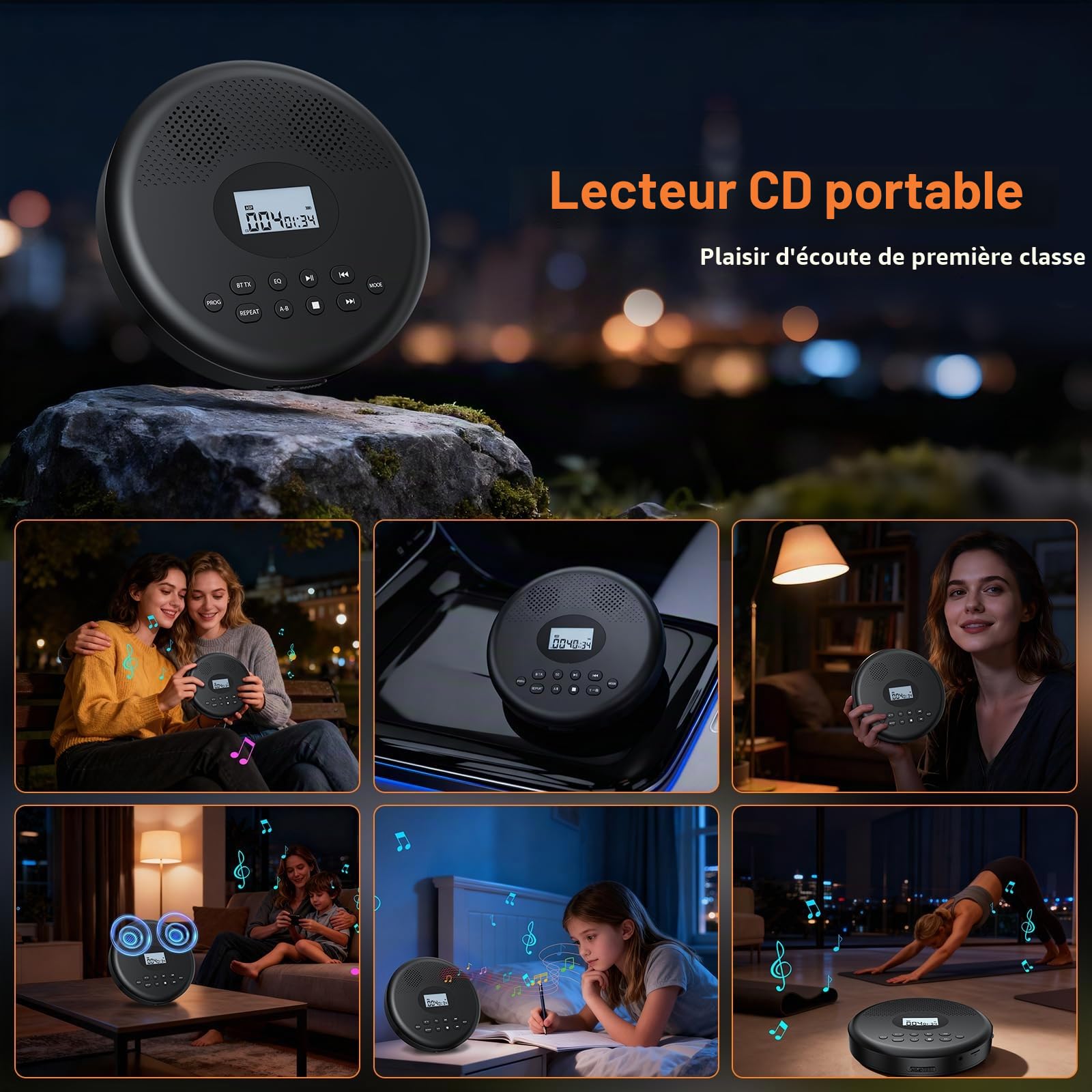 Lecteur CD Portable Arafuna Bluetooth Rechargeable, Haut-parleurs, Antichoc, écran LCD. 7 Modes de Lecture, 5 égaliseurs, Compatible TF/AUX. Compact, idéal Maison, Voiture et Voyages.