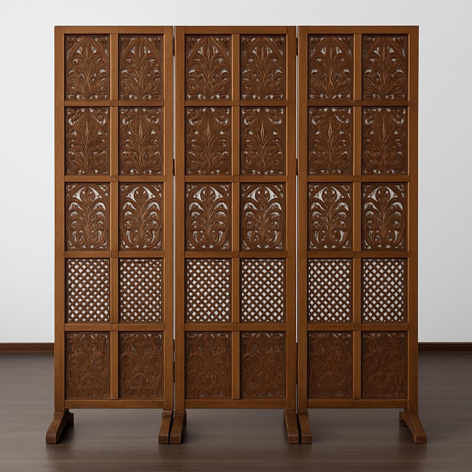 Wooden Room Divider Partition | Folding Privacy Screen with Hand-Carved Floral & Lattice Design, Brown, Floor Stand Base for Living Room & Pooja Room (3-Panels with 4 Bases Stands)-image-28