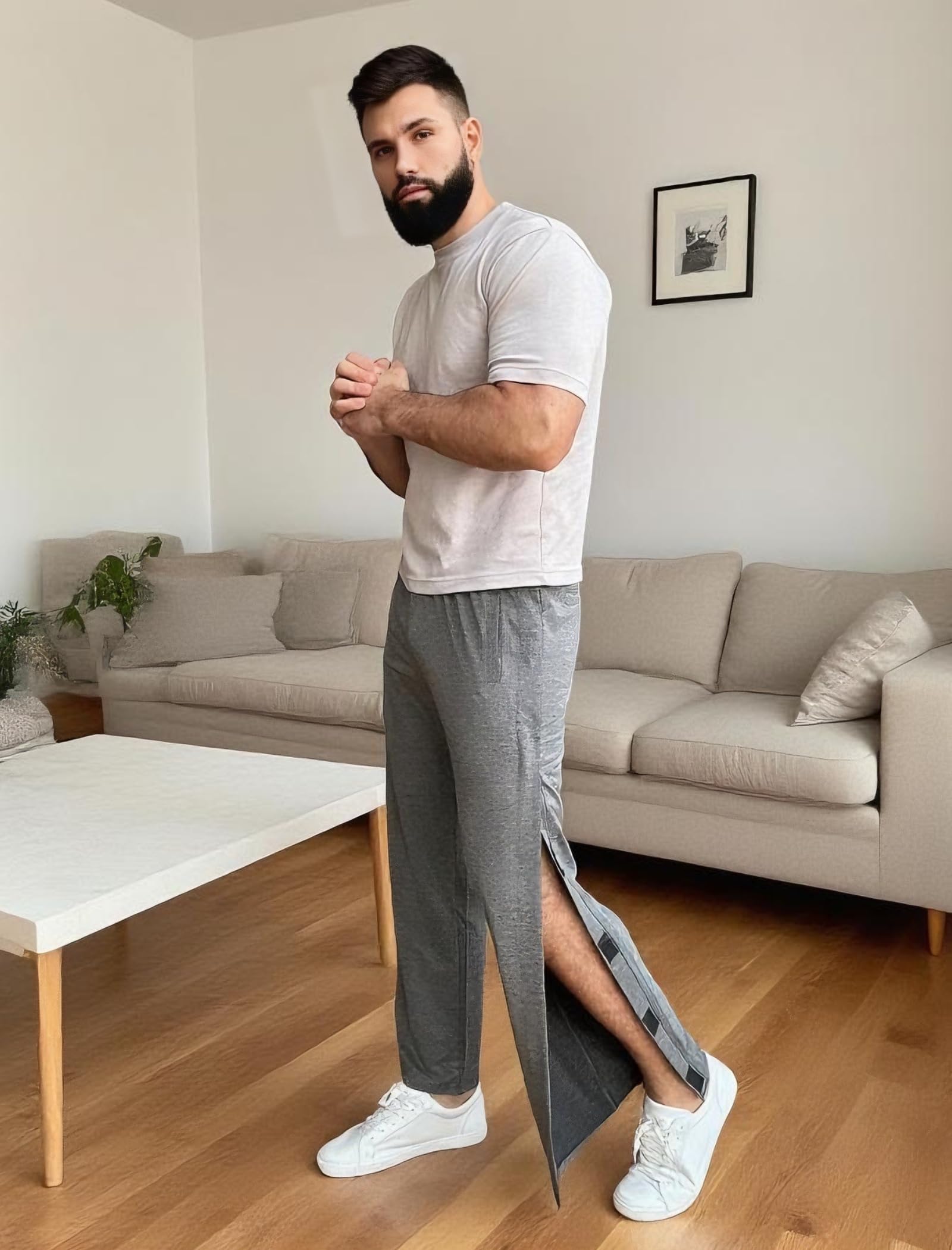 Deyeek Pantalones de chándal para hombre, 2 lados, parte inferior abierta, ajuste holgado, casual, postoperatoria, con bolsillos