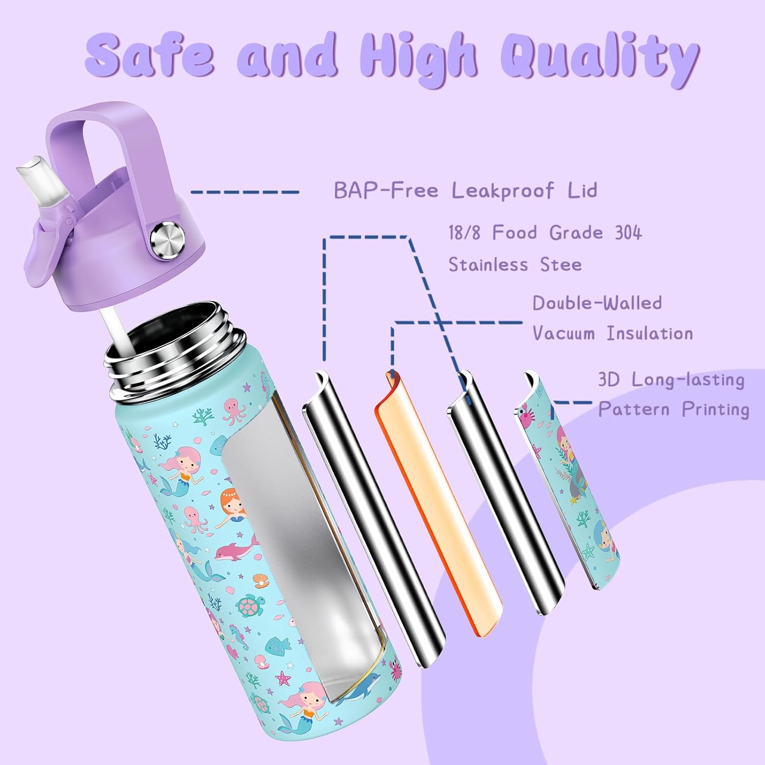18oz Kids Insulated Water Bottle with Straw Lid - 18/8 Stainless Steel Kid Cup Travel Tumbler Double Wall Vacuum Leak Proof Portable Toddler Water Bottle (Butterfly+Mermaid） - Image 2