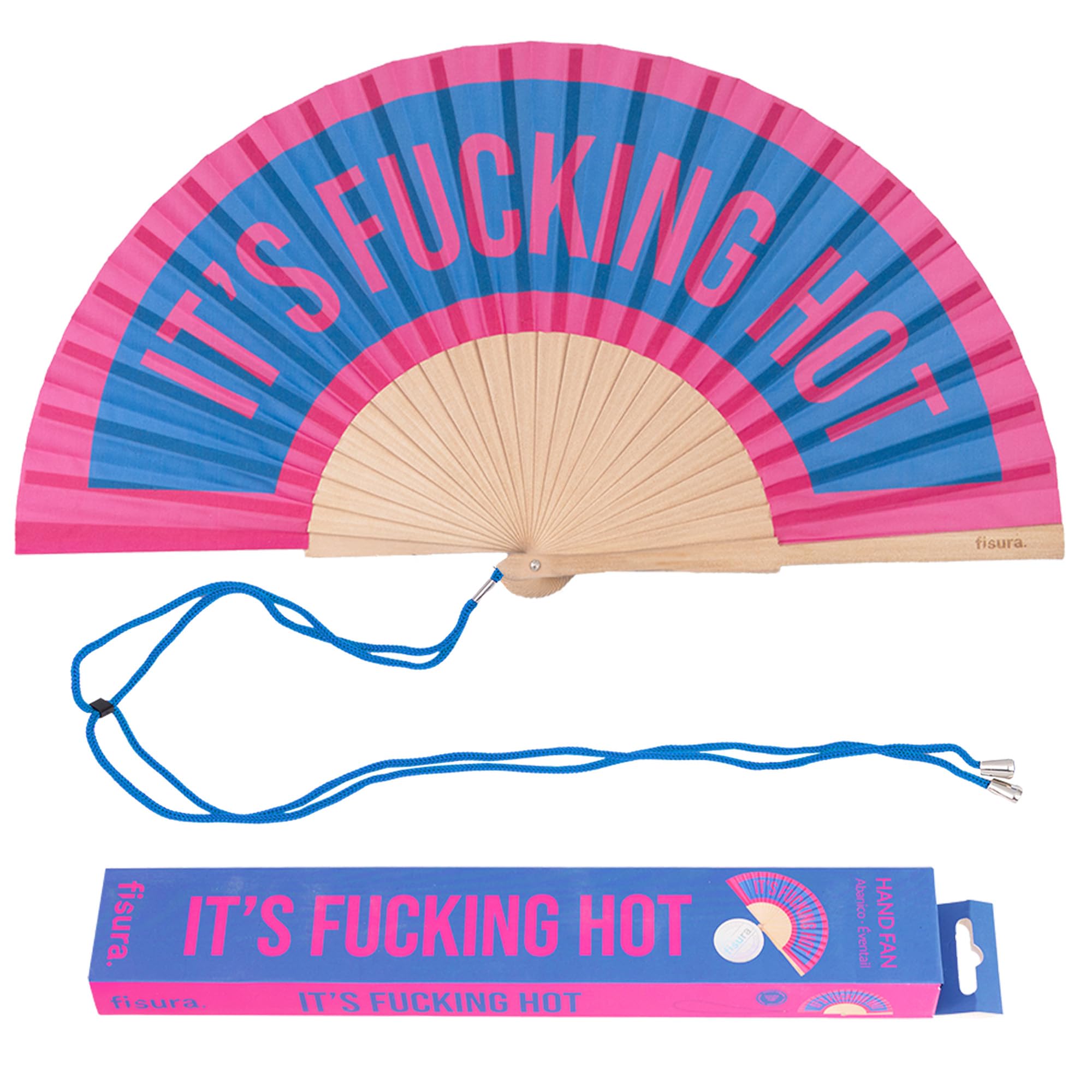 Fisura – Original Folding Handheld Fan with Fun Message “It´s f*cking hot”, Wooden Folding Fan for women, Pink and blue Design with Hanger for Wedding, rave, festival - Size: 42.5 x 23 cm
