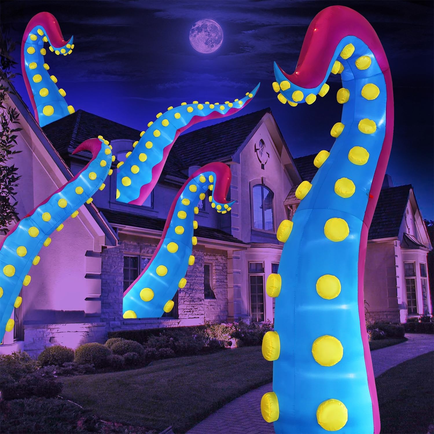 1 PCS Halloween Decorations 11.5FT Tall Inflatable Lighted Giant Octopus Tentacle, Octopus Legs with Lights, Halloween Front Door Window Roof Prop, Outdoor Holiday Blow up Decor - Mold B