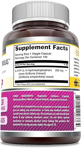 Miniatura 2 de Amazing Formulas 5-HTP (L-5-hidroxitriptófano) Suplemento  200 mg por porción  Cápsulas vegetales  Sin OMG  Sin gluten  Fabricado en Estados Unidos