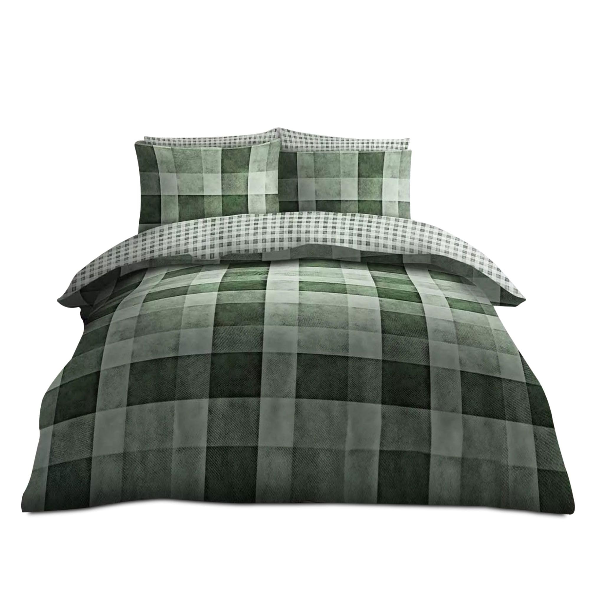 VELVETIO Denim Check Beddings Duvet Cover and Pillowcases, Soft Reversible Tartan Checked Quilt, Breathable Printed Blocks Checkered Lightweight Bed linen Comforter Set, King Size, Green
