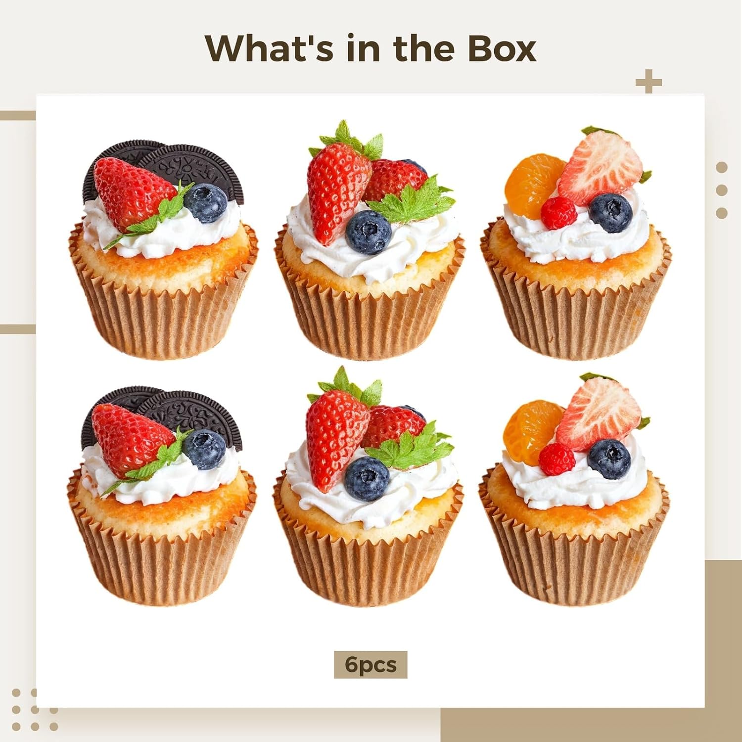 Faux Cupcake Display Model Set Of 6, Realistic Pu Cupcakes With Fruit And Cream Decoration, Perfect For Photography And Art Projects