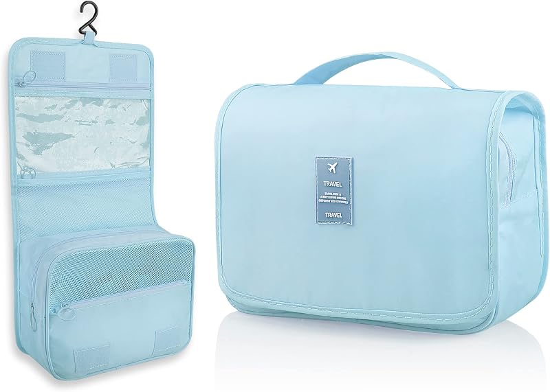 Necessaire suspensa de viagem Ebbniur em tecido Oxford, com gancho, azul-claro