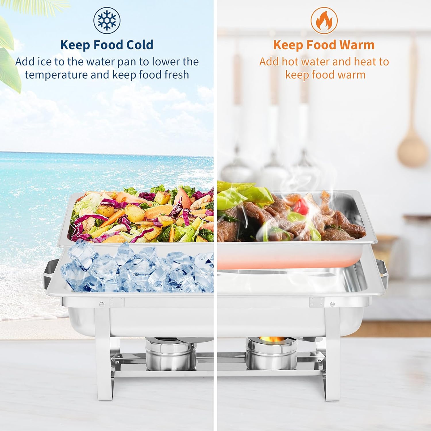 4 Pack Buffet Warmer Set, 8 QT Rectangle & 5 QT Round Stainless Steel Chafing Dishes with Lid, Food & Water Pan and Fuel Holder, Chafing Dish Buffet Set for Parties & Holiday Events