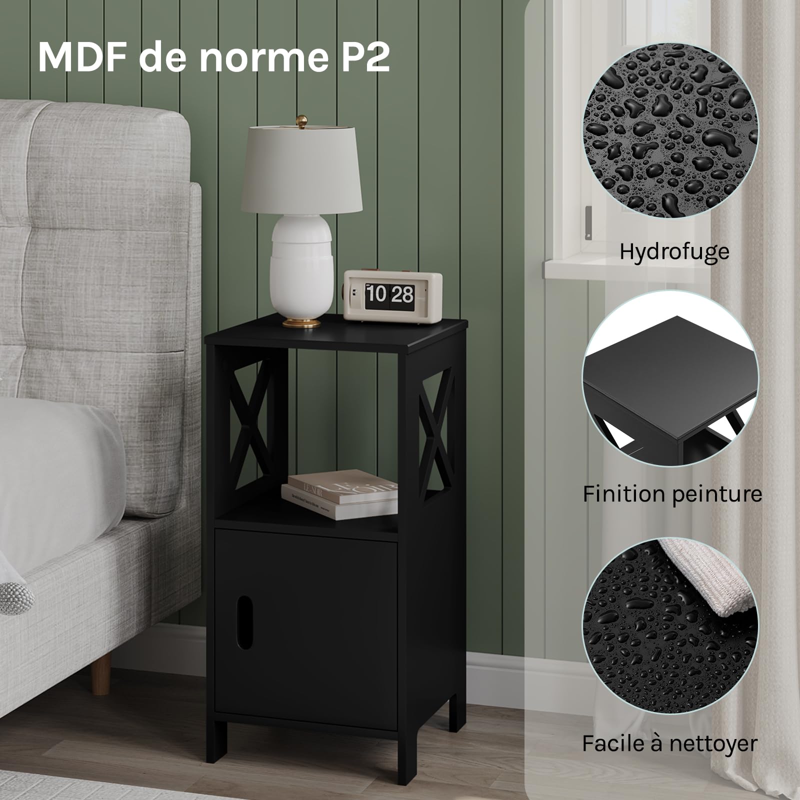 WOLTU Table de Chevet, Lot de 2, 1 Casier et 1 Placard avec Porte, Noire