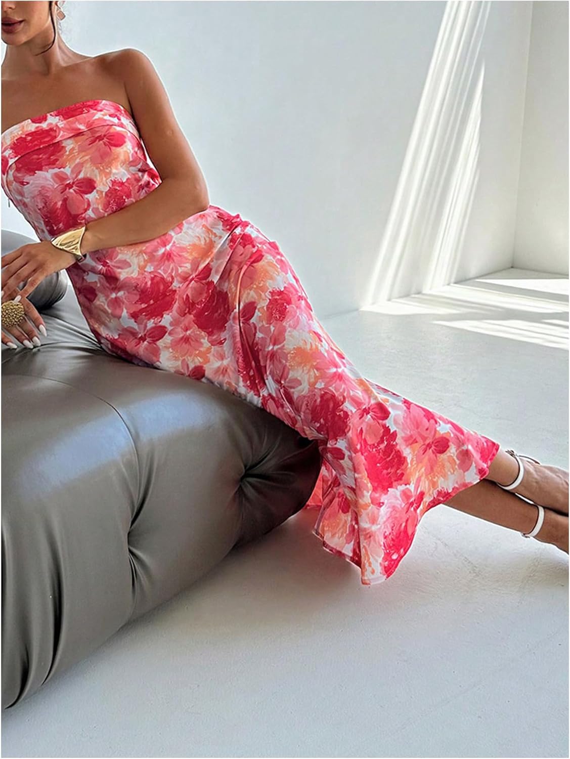 GORGLITTER Women's Floral Dress Strapless Tube Open Back Bodycon Boho Summer Wedding Guest Vacation Beach Maxi Dresses - Image 6