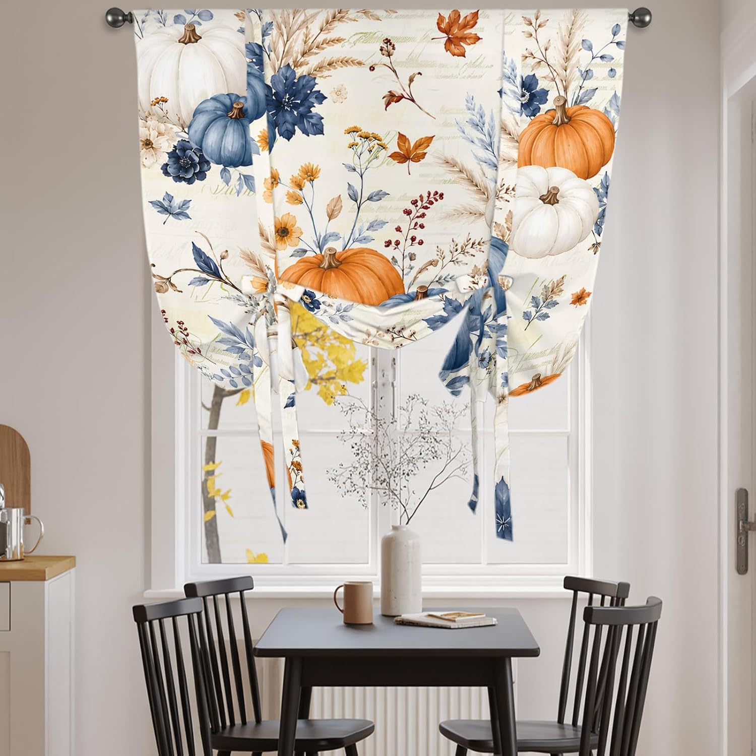 Thanksgiving Fall Tie Up Curtains for Small Windows, Adjustable Rod Pocket Orange Blue Pumpkins Valance 45 Inch Short, Floral Botanical Autumn Window Treatment Balloon Roman Blind Shade, 34" x 45"