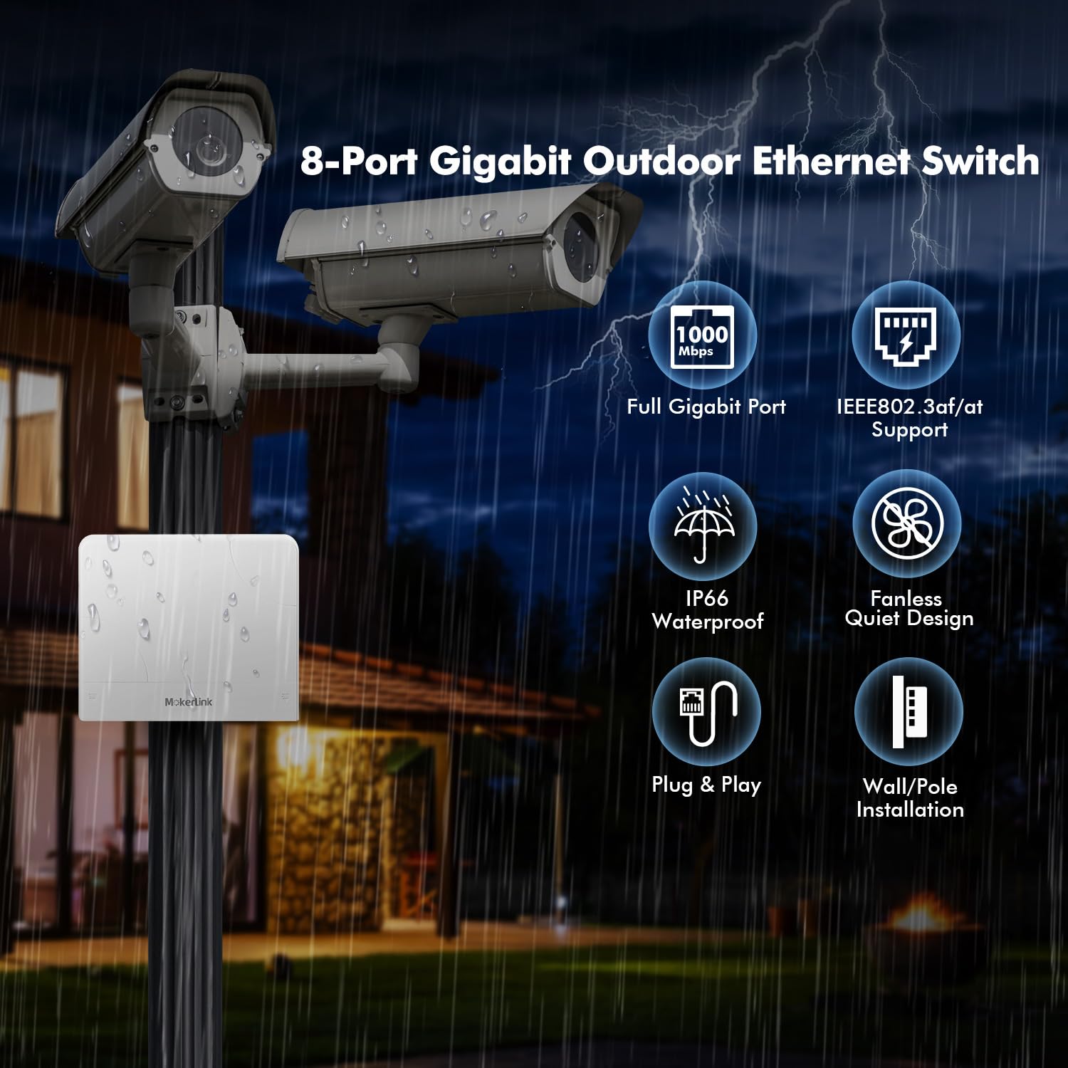 MokerLink Switch Gigabit PoE a 8 porte per esterni, 8 porte PoE+ 1000 Mbps, 802.3 af/at 120 W, impermeabile senza ventola, Plug and Play Switch