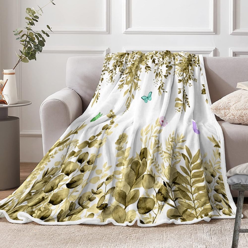 JAWO Sage Green Throw Blanket, Rustic Eucalyptus Leaves Floral Fleece Blankets, Travel Flannel Throw Bedding Decor, Lightweight and Warm Blanket for Bedroom for Women Girls, 60X90