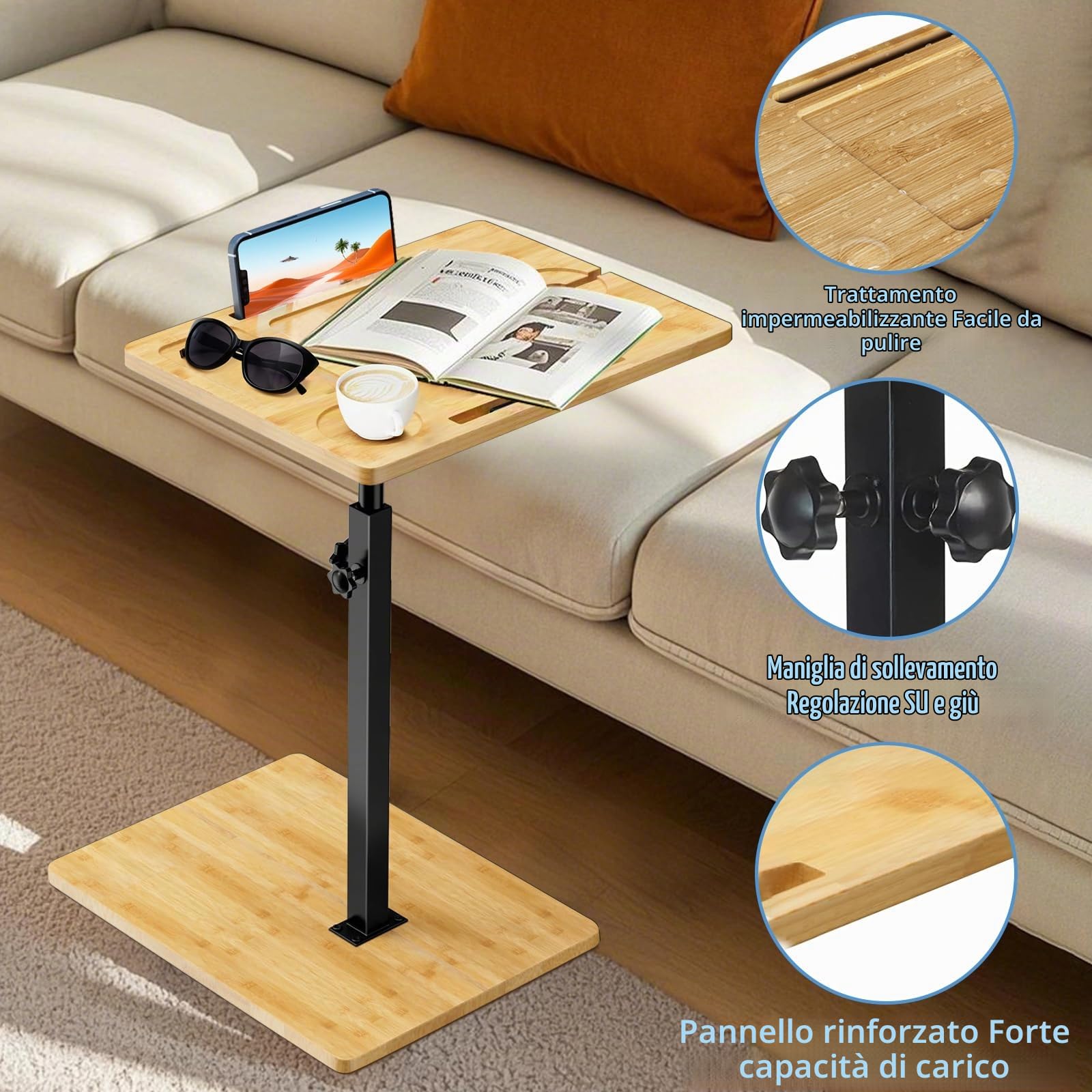 Tavolino Laterale Regolabile in Bambù, Tavolino da Letto, Altezza regolabile, Vassoio per Vasca da Bagno Bambù, Salvaspazio, Comodino