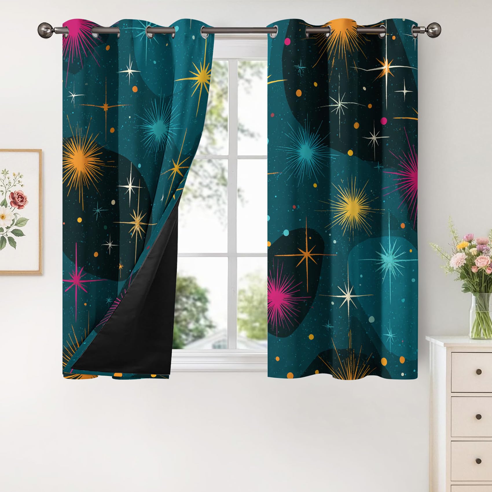 Rideau étoile Occultant Motif Mid Century Retro Rideaux Chambre Salon Cuisine 140 x 220 cm, Oeillets Rail Rideaux Occultants Thermique
