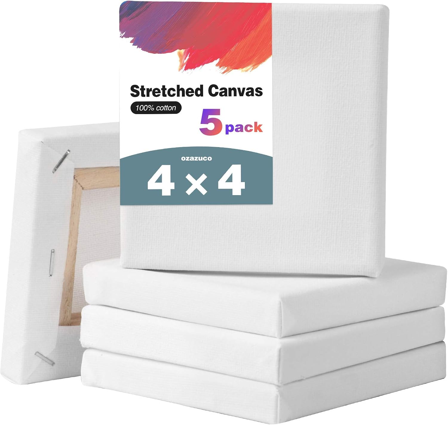 Ozazuco Stretched Canvas for Painting- 4x4 Inch, Pack of 5,White Blank Canvas, 100% Cotton,Primed,for Art Supplies for Acrylics, Oil Painting, DIY Wall Décor