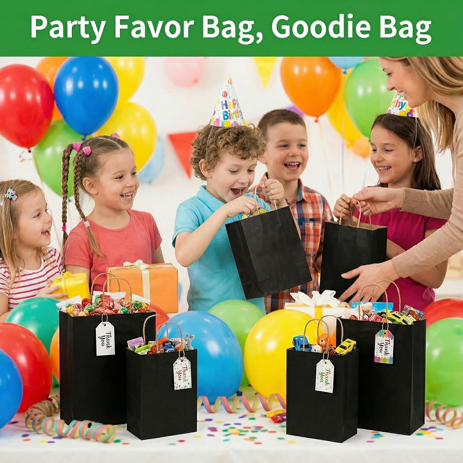 Nicunom 120 Pack Black Kraft Paper Bags with Handles Bulk, 3 Size Paper Gift Bags for Retail, Party Favor, Grocery, Birthday, Shopping, Wedding, Business, Merchandise