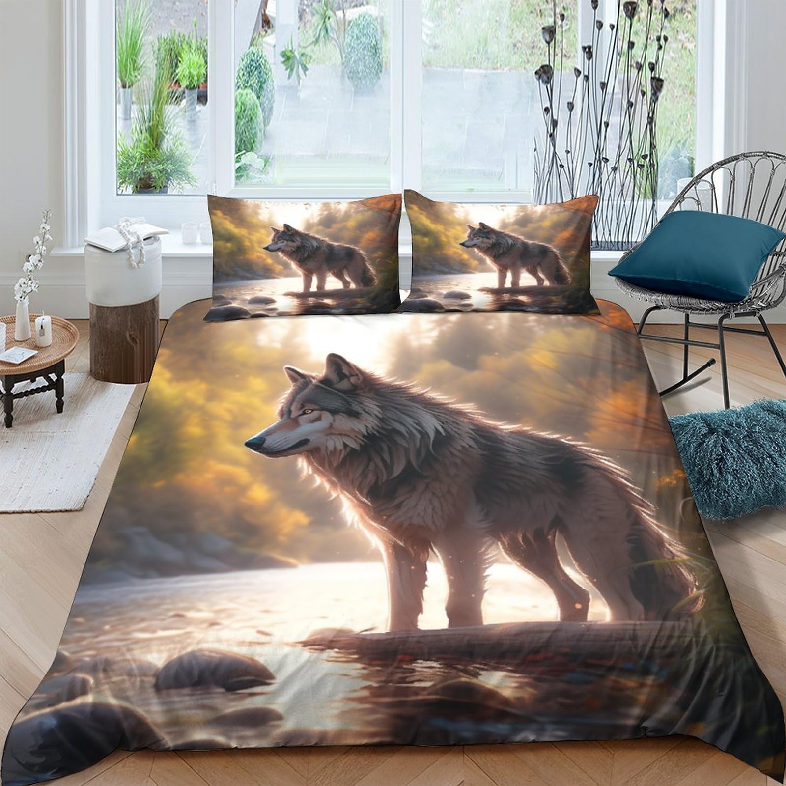 Housse de couette 3D loup au bord de la rivière pour créer un cocon nature