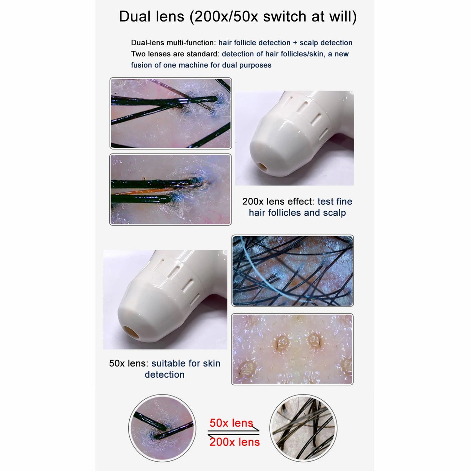 Detector de cuero cabelludo LCD de 10 pulgadas, analizador Digital de piel y cabello, microscopio para pruebas de folículos pilosos y análisis de piel, lupa 50/200X
