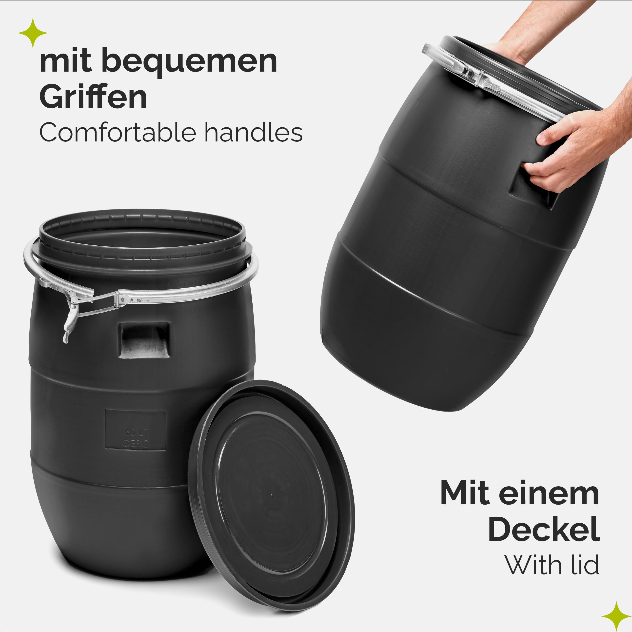Garronda 60 Liter Deckelfass Weithalsfass aus HDPE Regenfass für Garten Fass 60l Wassertonne Futtertonne Wasserbehälter Universalfass Wasserfass Lebensmittelfass Wassertank GD-0078 Schwarz