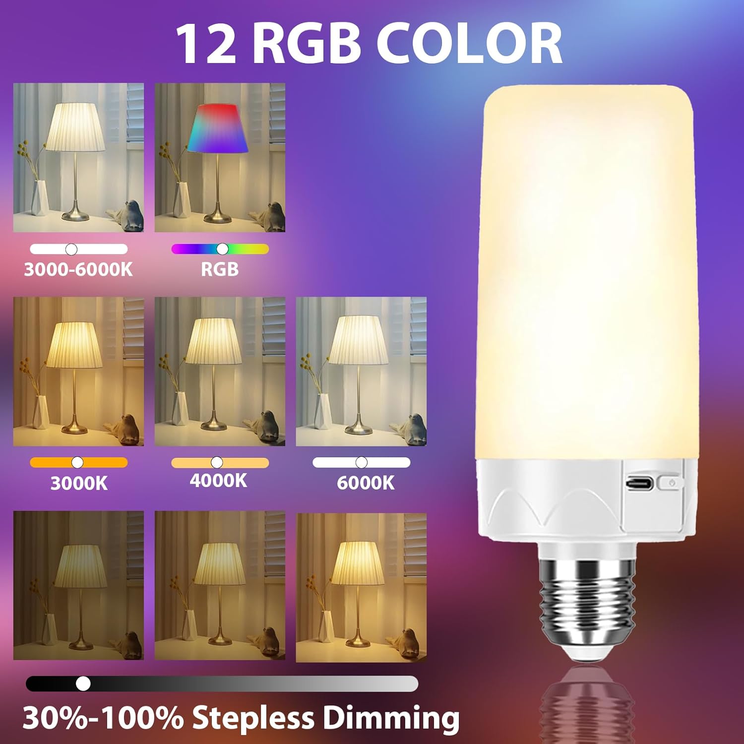 Non-Hardwired Light Bulb with Remote Timer, USB Rechargeable 3 Color Temp 9 RGB Colors, Dimmer Magnetic Decorative E26 Bulbs