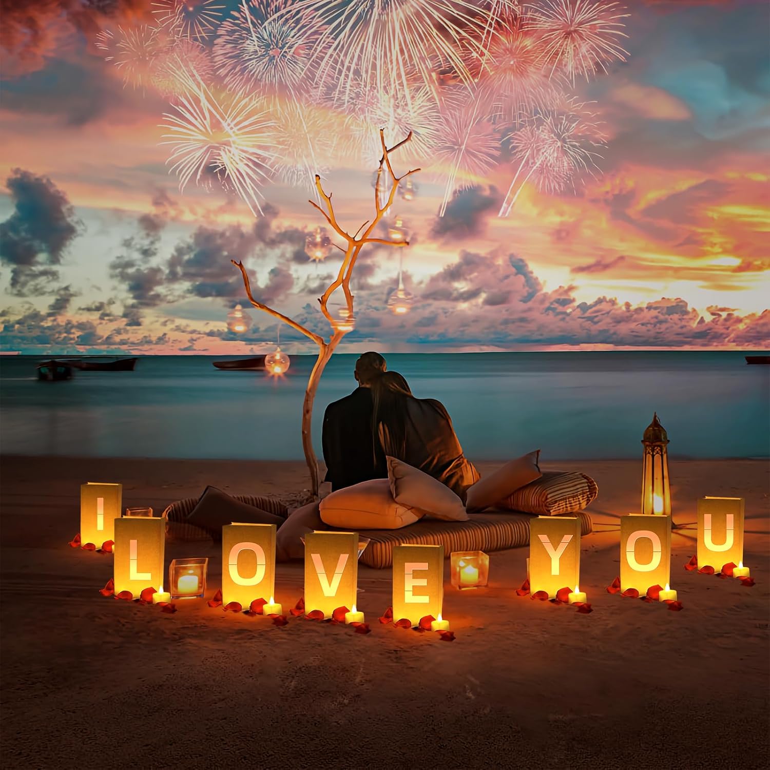 I Love You Light Up Letters, with Tea Lights Candles, Rose Petals, Pearlescent Foil Balloons - Luminary Paper Bags, Anniversary Decorations and Valentines' Day Decorations for Your Loved One - Image 5