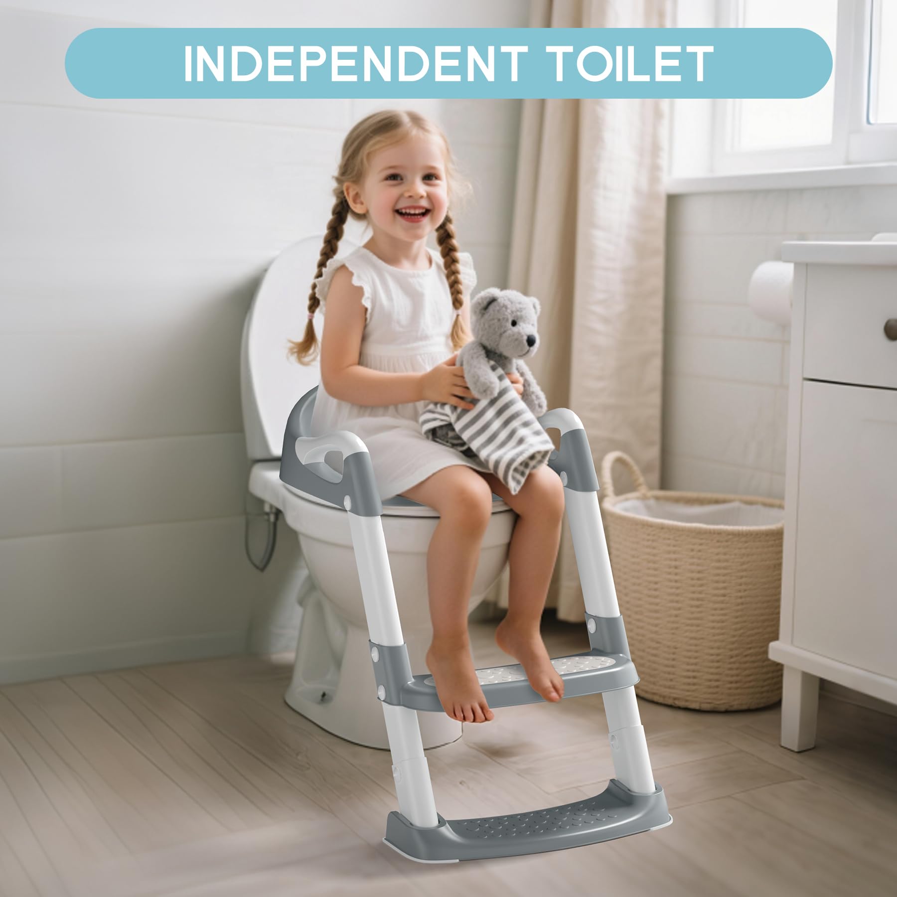 COOSEYA riduttore wc bambini con gradini, sedile per wc bambino Richiudibile Paraspruzzi antiscivolo Imbottitura morbida Maniglie di sicurezza (grigio)