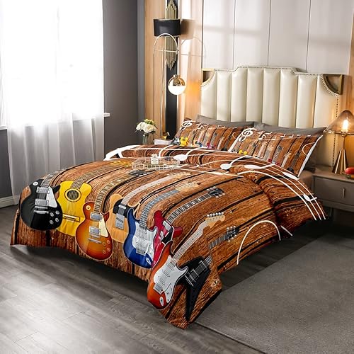 Miniatura 2 de Erosebridal Juego de ropa de cama de guitarra, tamaño Queen, juego de edredón de música hiphop rock, hippie, rock, notas musicales, edredón de