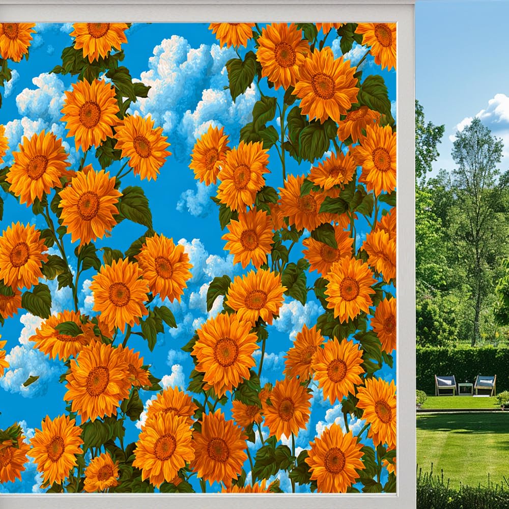 Sunflower Garden Privacy Window Film, Natural Flowers Rustic Frosted Self-Adhesive Vinyl Cling for Glass Doors Bathroom Windows Sun Blocking Heat Control,（50x80cm）