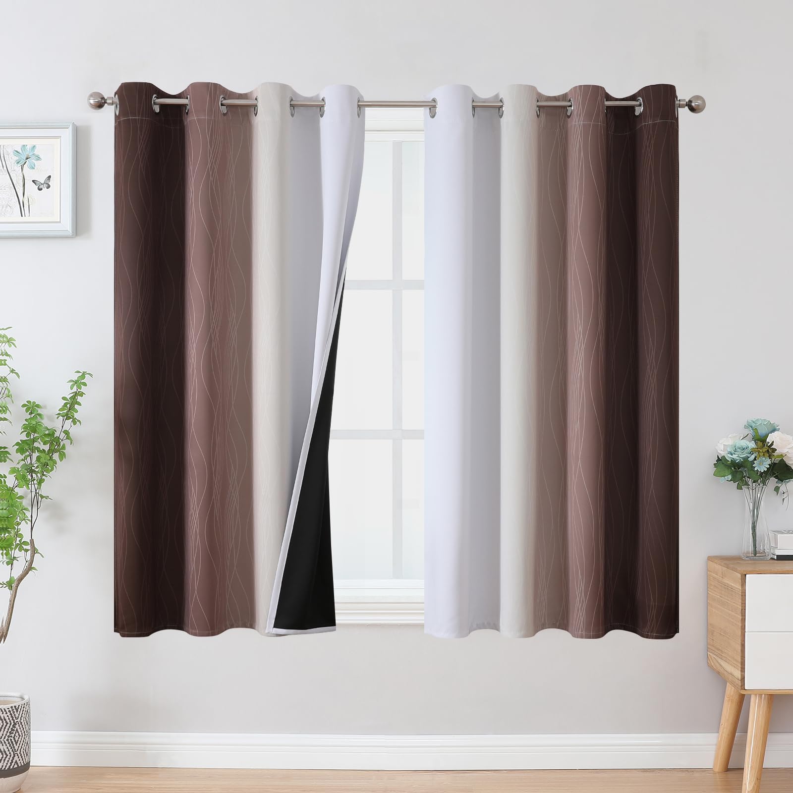 Estelar Textiler Brown and Greyish White Blackout Curtains 45 Inch Length, Full Light Blocking Gradient Drapes for Bedroom, Thermal Insulated Grommet Ombre Curtains for Bathroom,52Wx45L,2 Panels