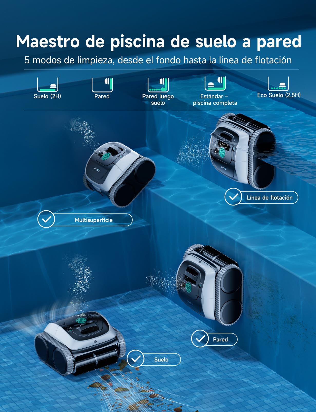 WYBOT C1-P Robot de Piscina y Robot limpiafondos Piscina, Robot Piscina limpiafondos y Paredes - 4 en 1 Aspirador sin Cable, succión Mejorada, 5 Modos, App, 155m² – Verde Noche Escarchada