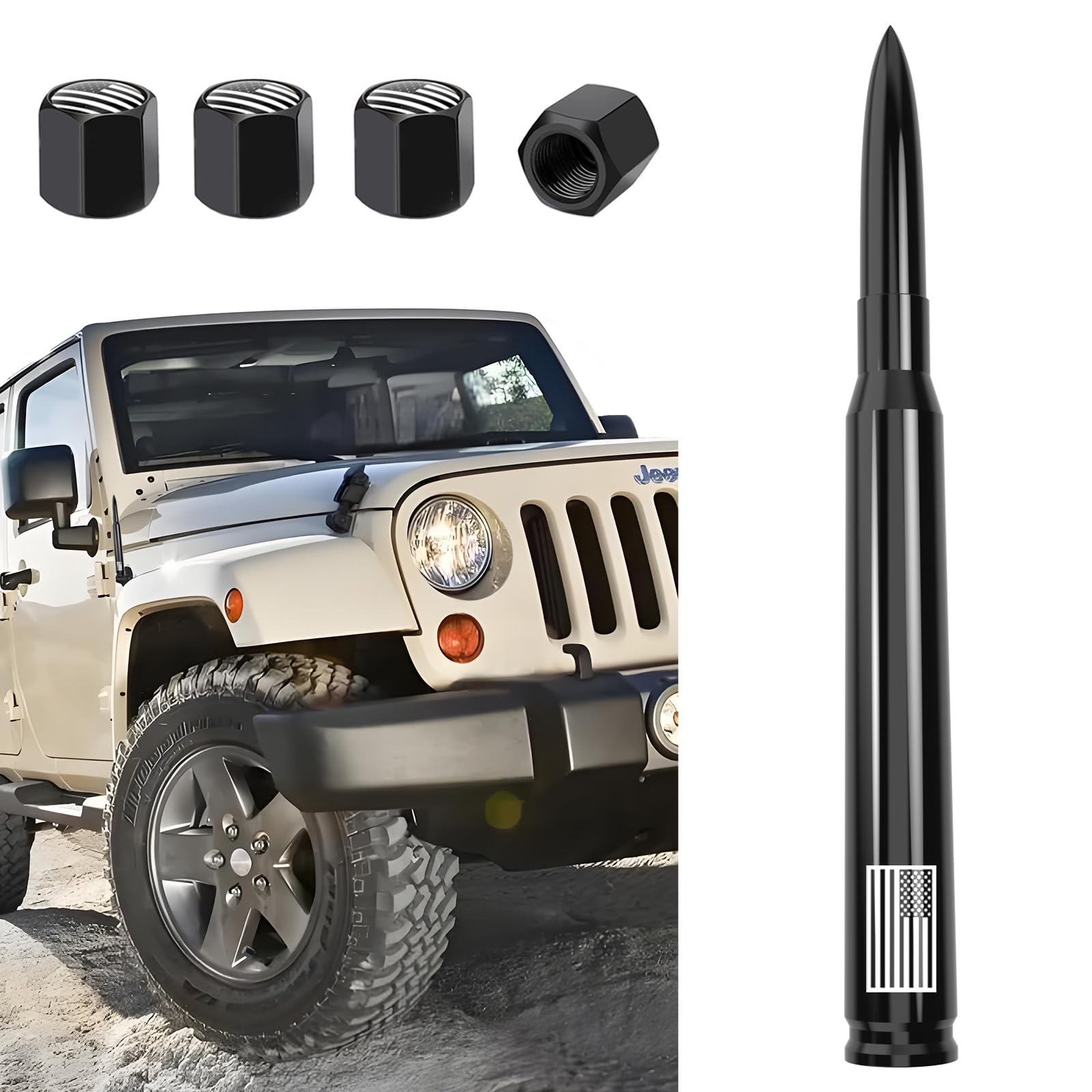 American Flag Antenna with Tire Valve Caps for Jeep Wrangler Gladiator JL JK JT Rubicon Sahara Unlimited Sport 4xe Willys Mojave 2007-2024 Short Replacement Jeep Wrangler Accessories 7”