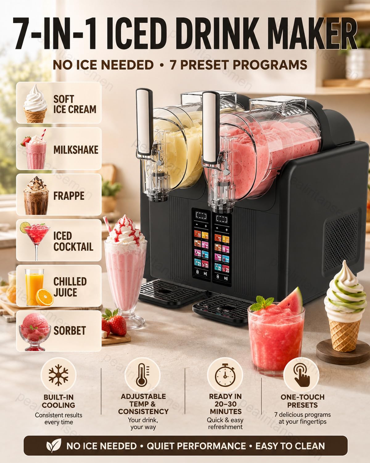 Genérico Máquina para Hacer granizados, Doble Recipiente de 2 litros, 7 programas para Batidos, cócteles y zumos, Temperatura Ajustable de -10 °C a 0 °C, no Necesita Hielo, Fiestas (Blanca).