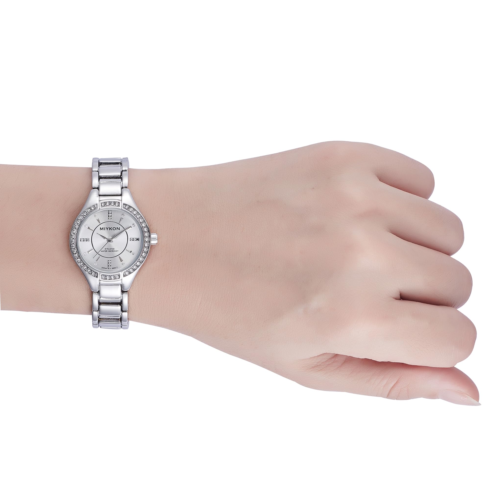 Miykon Relojes de plata y oro para mujer, pequeño y delicado reloj para mujer con cristales auténticos, pulsera de joyería para mujer pulida con iones, vidrio resistente a los arañazos, cuarzo japonés