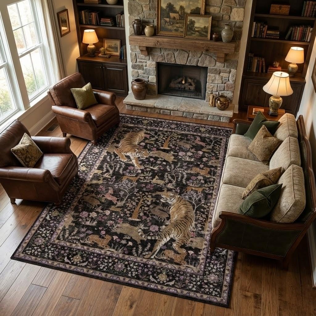 6x9 Vintage Exotic Tiger Area Rug, Black with Purple Floral & Animal Motifs, Soft Faux Cashmere Short Pile, Non-Slip Machine Washable Foldable Rug for Living Room, Bedroom, Dining Room