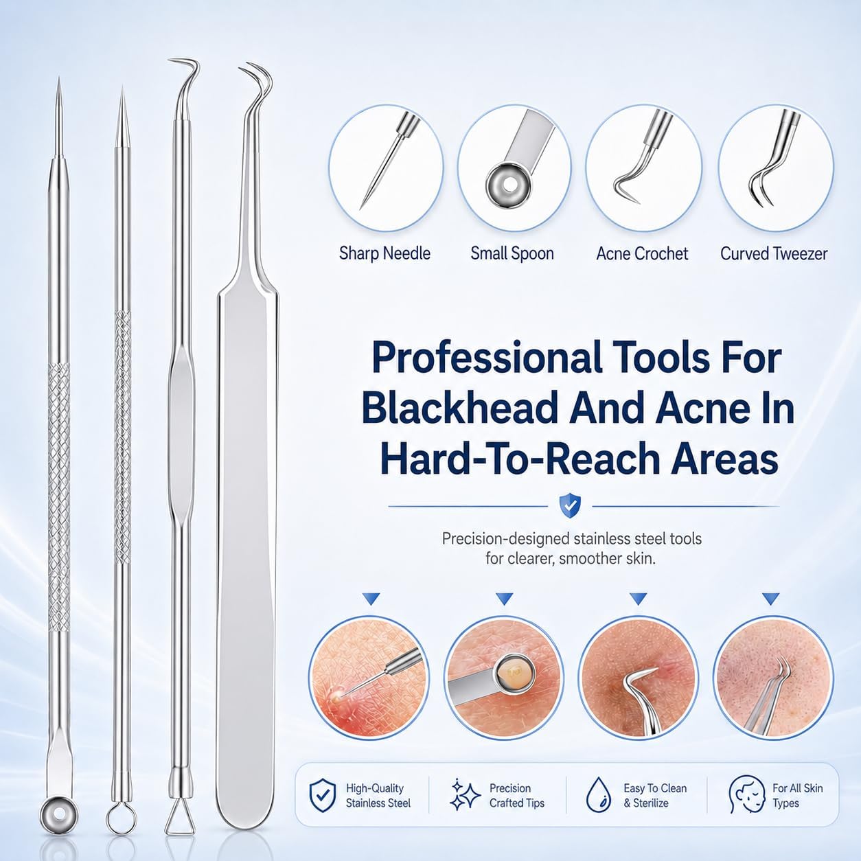 MENOLY Pimple Popper Tool Kit 10 Pcs Blackhead Remover Tool Zit Popper for Blemish, Pimple Comedone Extractor Acne Tool for Blackheads, Acnes, Whiteheads Nose Face with Leather Bag image 4