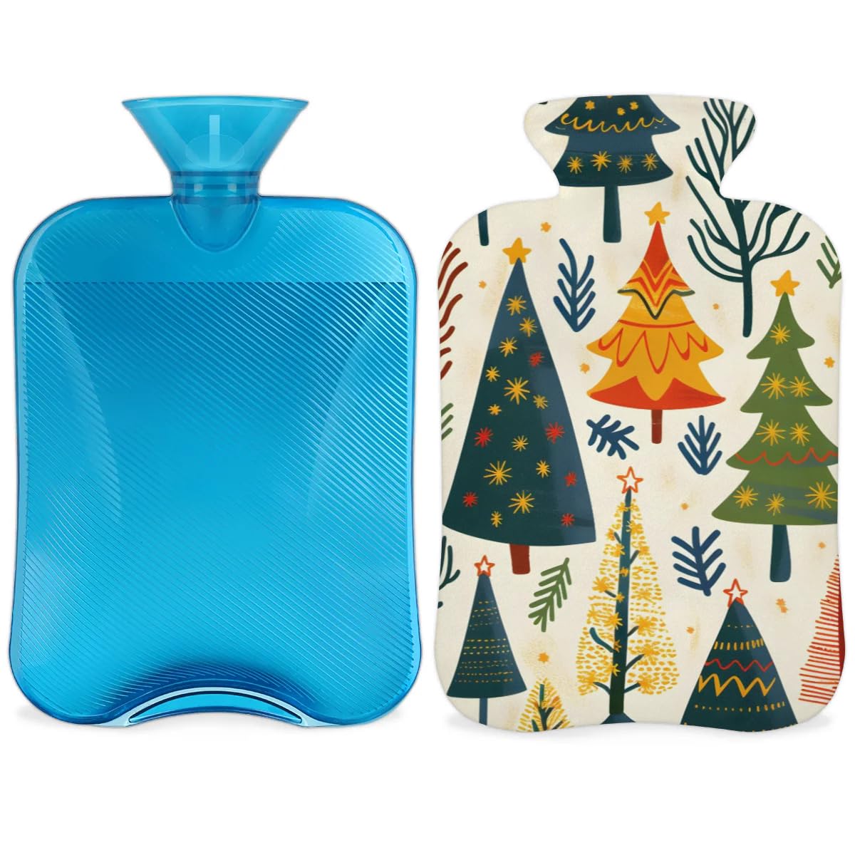 Hot Water Bottle with Soft Cover,2L Retro Tree Xmas Hot Water Bag for Hot and Cold Compress, Hand Feet Warmer, Rubber Hot or Cold Water Bottle Halloween Christmas Decorations