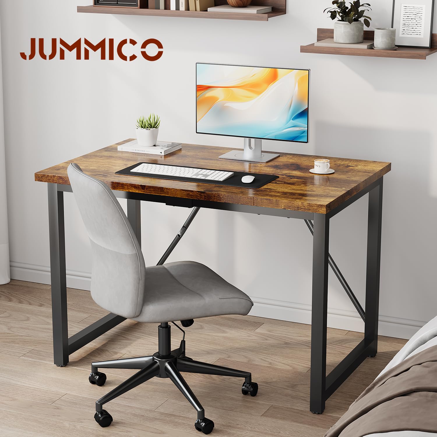 JUMMICO Escritorio de Ordenador 100 x 50 cm, Mesa Oficina Pequeña y Estación Trabajo, Escritorio Pequeña para Estudio, Oficina, Dormitorio(Marrón, 100 x 50 cm)
