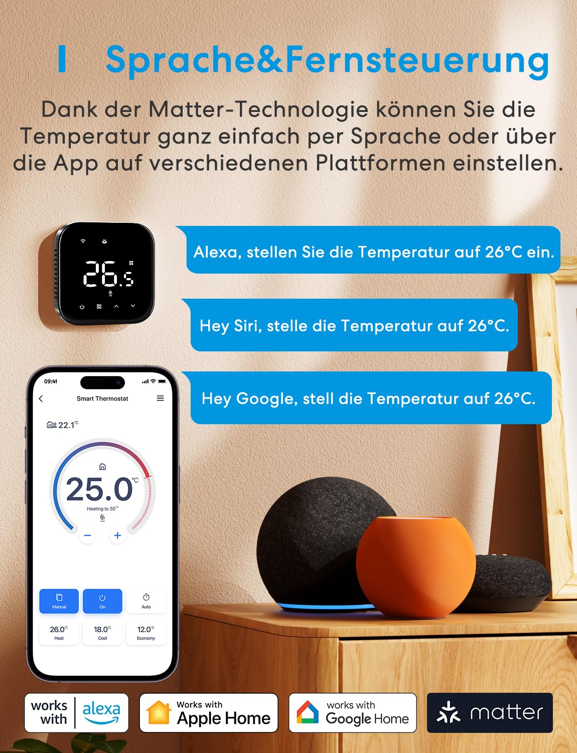 Meross Matter Thermostat für wassergeführte Fußbodenheizung Schwarz