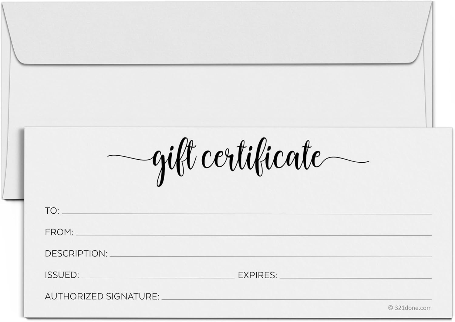 321Done Simple White Blank Gift Certificates with Envelopes (Pack of 24) 4x9 Inches for Small Business, Holiday, Christmas Voucher, Spa, Salon - Minimalist Script - Made in USA