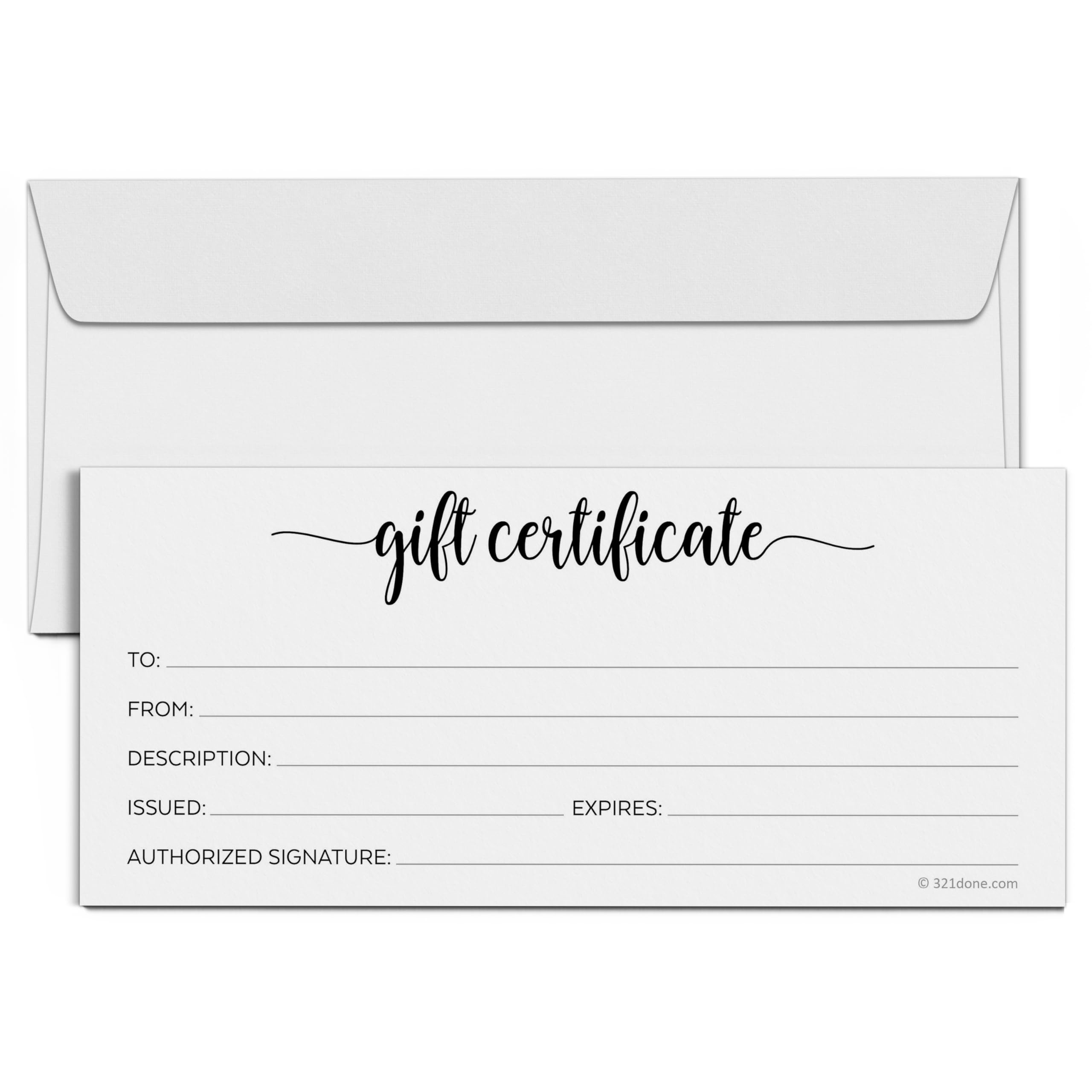 321Done Simple White Blank Gift Certificates with Envelopes (Pack of 24) 4x9 Inches for Small Business, Holiday, Christmas Voucher, Spa, Salon -