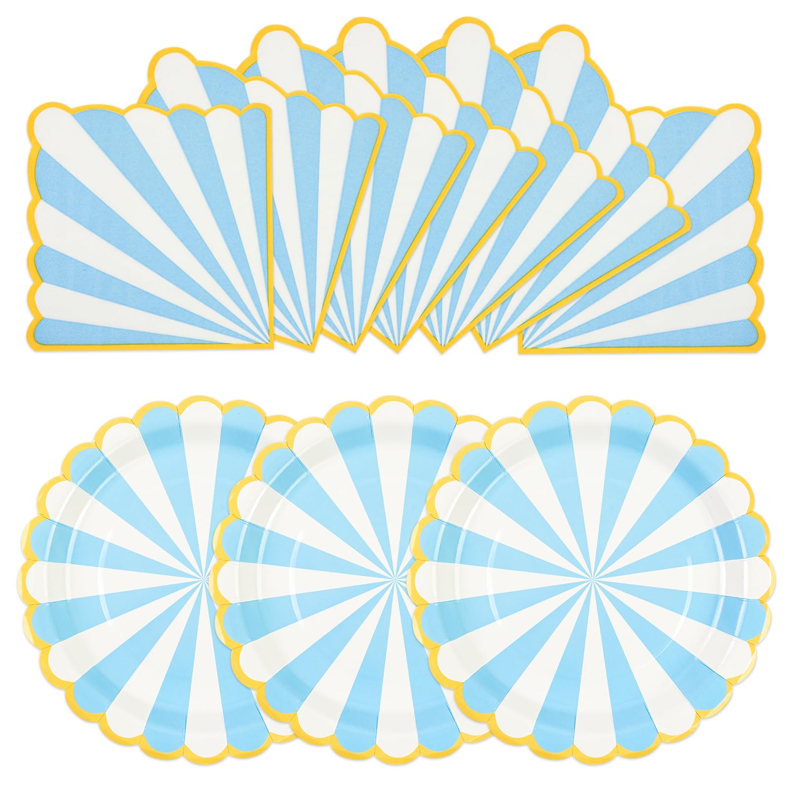EVYIENEN 50PCS Blue Birthday Party Paper Plates and Napkins,7 Inch Disopsable Striped Dessert Plates,Scalloped Gold Foil Edge Dinnerware Party Supplies for Birthday,Baby Showers,Girls Parties