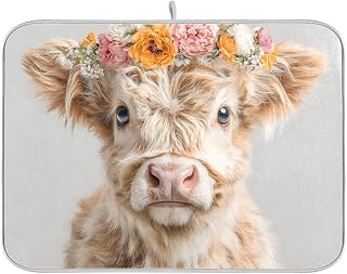 Dish Drying Mat 18 x 24 Inch Oil Painting Cute Cow with Flower Soft Drying Pad Absorbent Dish Drainer Rack Mats for Kitchen Counter Sinks Dining Table Draining Mats Heat Resistant