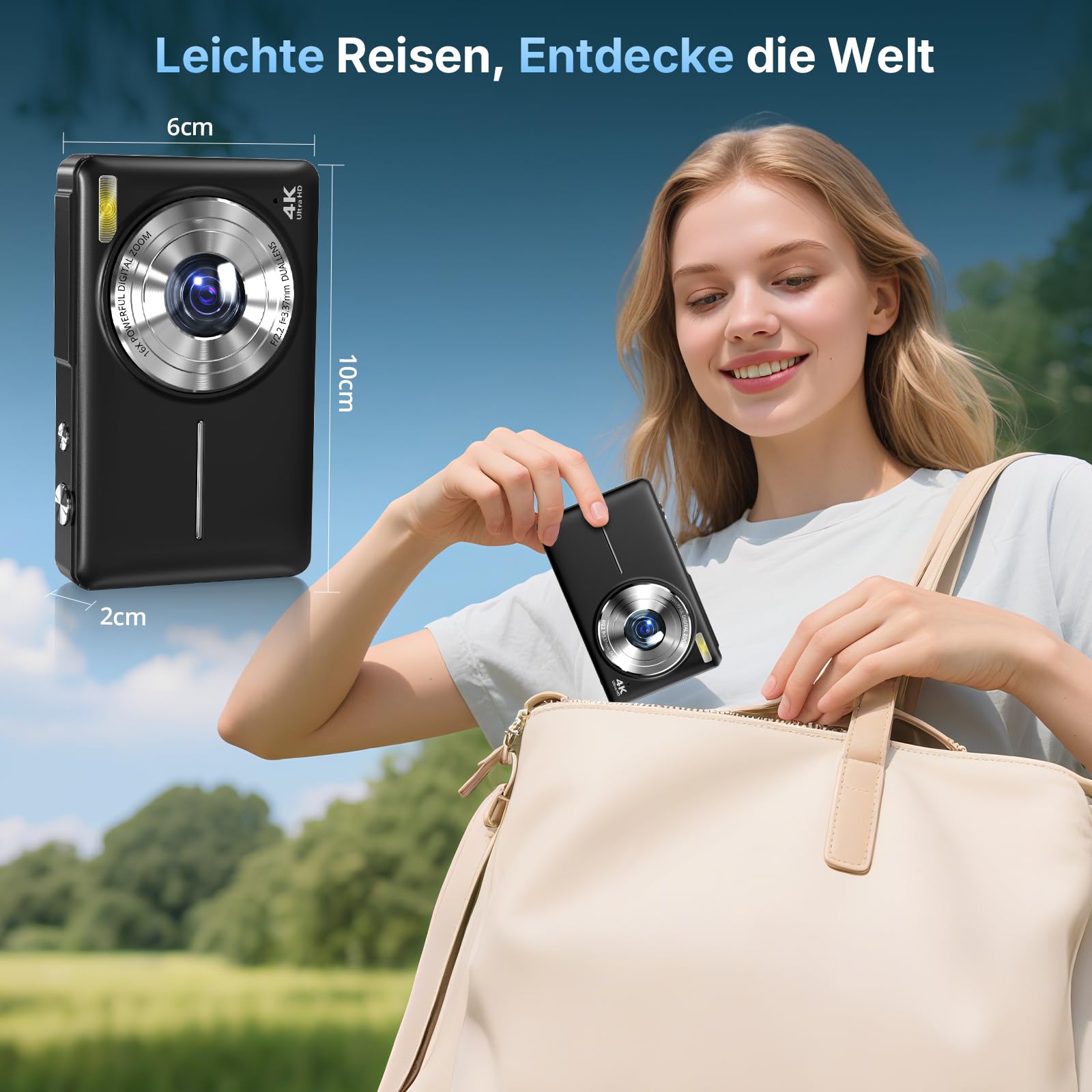 Digitalkamera Kamera Fotokamera 4K 64MP mit Autofokus, Dual-Objektiv, 2,8-Zoll Bildschirm, 16X Digitalzoom, Zwei Akkus, 32GB Karte für Jugendliche, Anfänger, Kinder