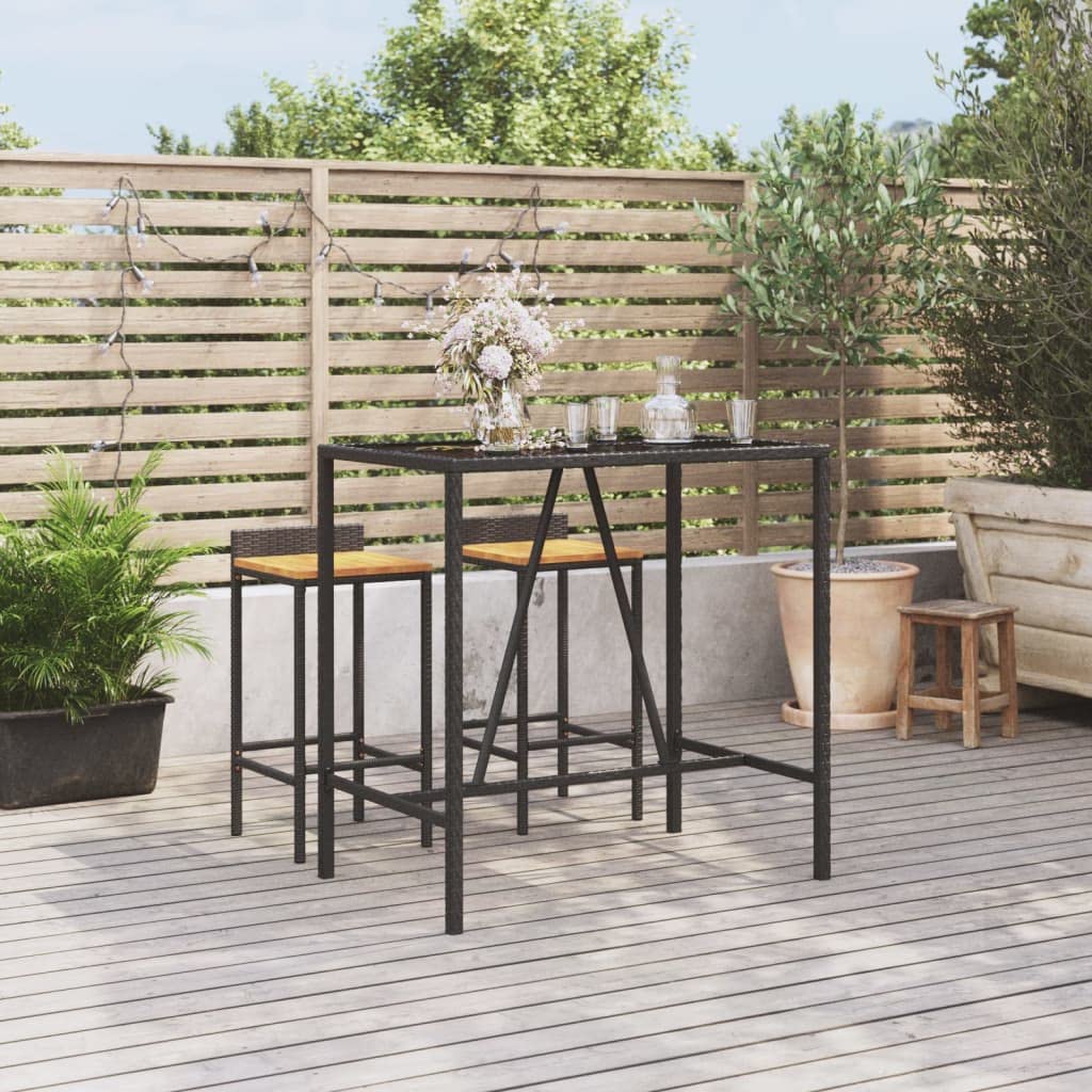 Tavolo da bar con piano in vetro, nero, 110 x 70 x 110 cm, in polyrattan, tavolo da giardino, tavolo da terrazza, tavolo da balcone, tavolo da bistrò, per esterni per giardino e balcone