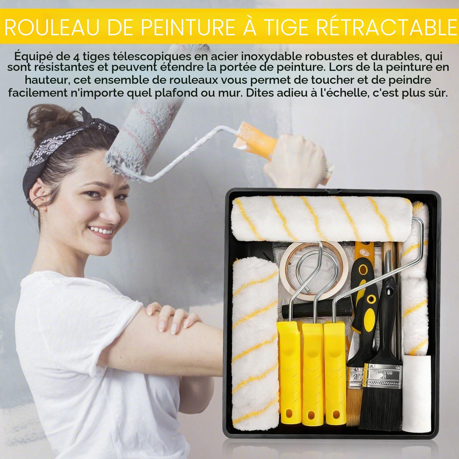 Rouleau Peinture, Rouleau Peinture Mousse Kit De Peinture 20 Pièces Avec Rouleau Long Poil 9", Manche Télescopique, Pinceaux, Bac, Bâche Et Accessoires Pour Murs