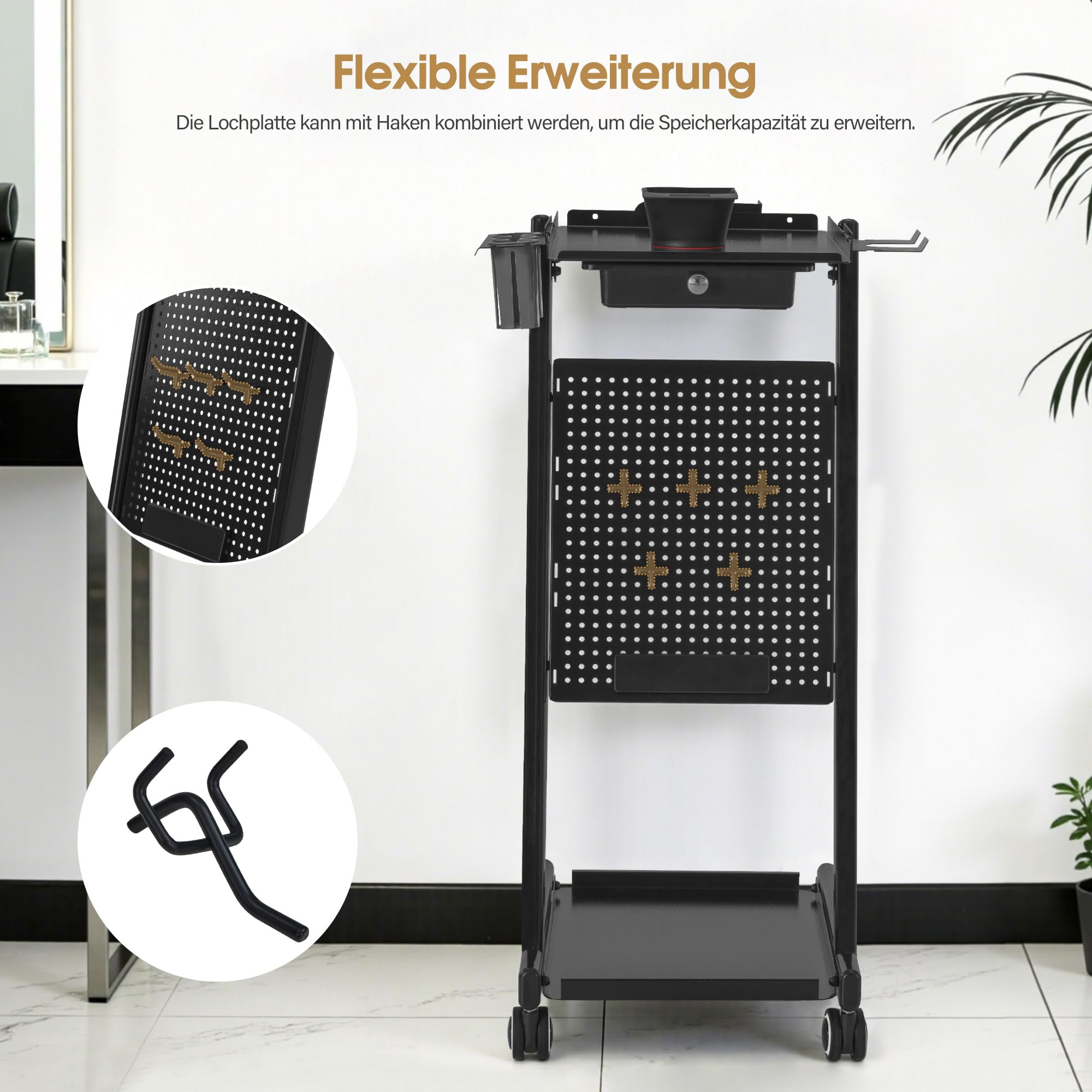 BarberPub Friseurwagen mit Schublade & 2 Ablagen, Friseur Arbeitswagen, Beauty Salon Trolley Metall, Rollwagen 47x39x94cm Schwarz