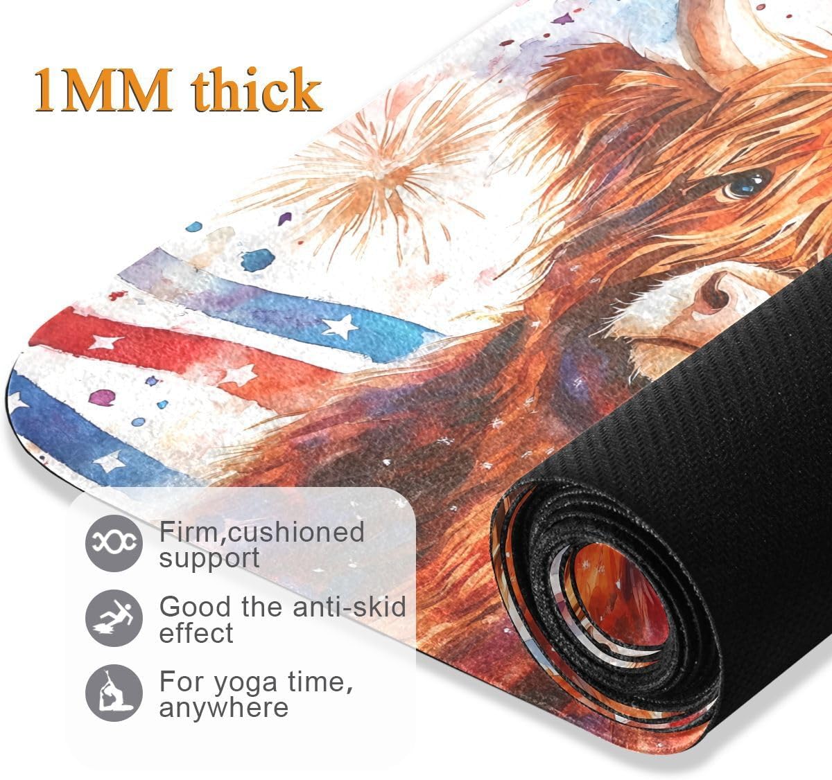 ALAZA Highland Cattle Fireworks American Flag Yoga Mat Non Slip Fitness Exercise Mat, Workout Mat for Yoga, Pilates and Floor Exercises