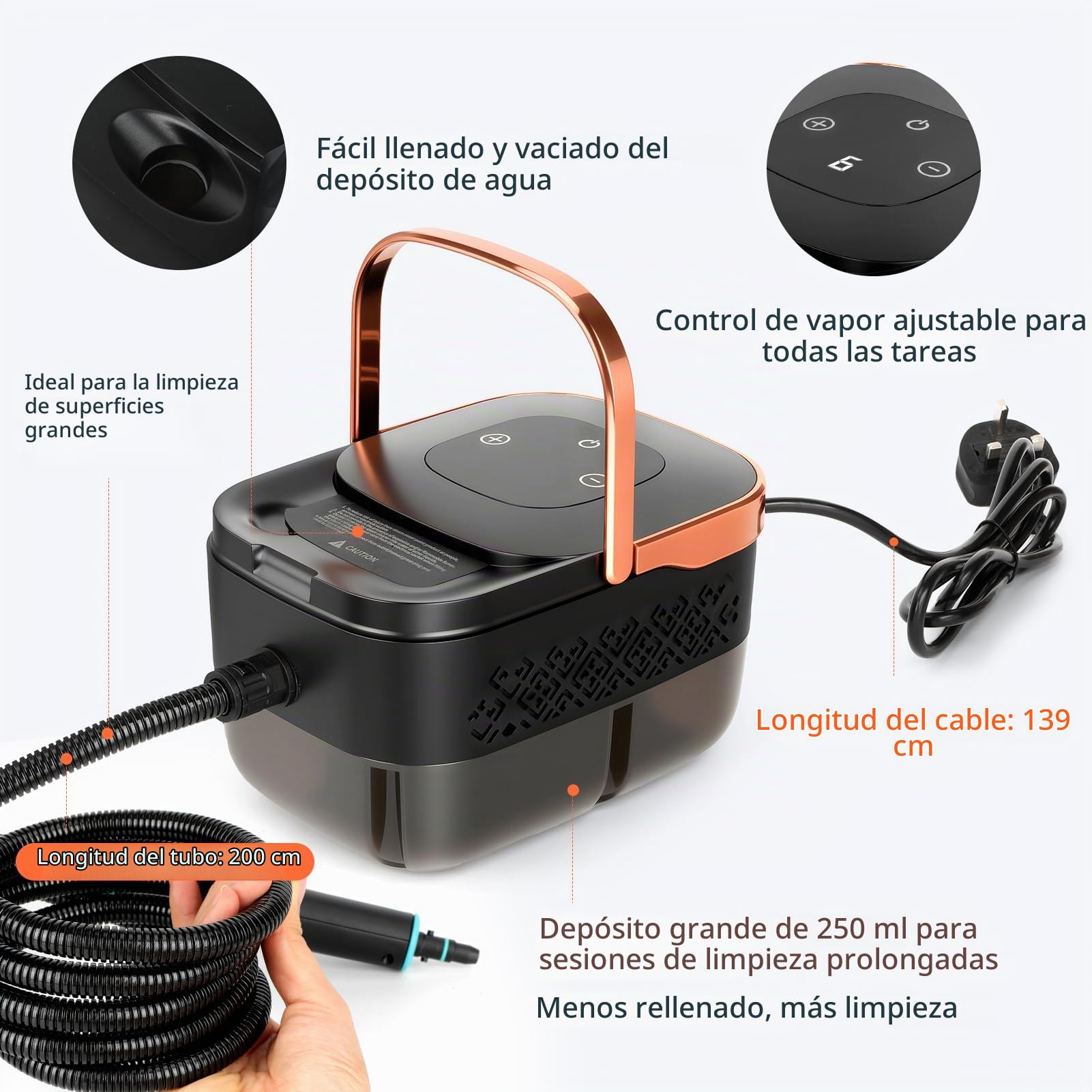 Limpiador de Vapor de Mano 2500W – 4 bares, Calentamiento en 15s, Vapor Desinfectante a 105°C, Depósito Extra Grande 1250ml, 6 Niveles Ajustables para Cocina, Baño, Coche (23 Accessoires)