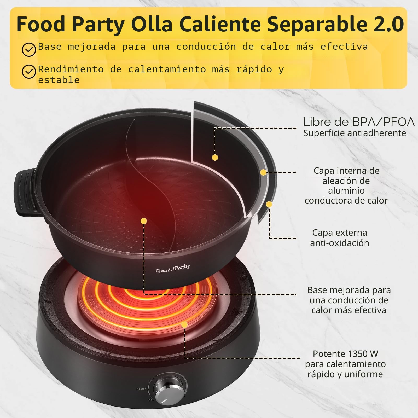 Food Party Olla Hot Pot Eléctrico 4L Hotpot Separable Actualizado 220V 1350W Fondue Shabu Shabu Hotpot