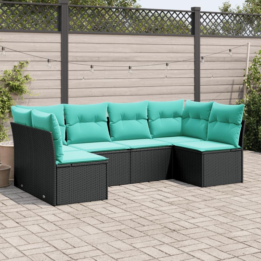 vidaXL Patio Sofa Set with Blue Cushions - 6 Piece Black Poly Rattan Modular Outdoor Furniture for Garden, Patio, Terrace